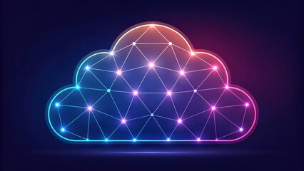 Poster - a digital cloud is a network of connected dots that is connected by line. This cloud shines and glows with neon colors against a deep blue background