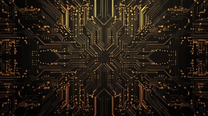 Poster - A futuristic, symmetrical circuit board pattern in gold on black