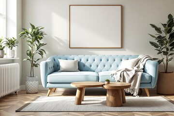 Poster - Blank frame mockup in stylish living room with blue sofa and wooden tables.