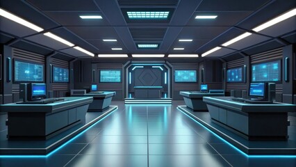 Poster - a futuristic control room with computer terminals and screens displaying data
