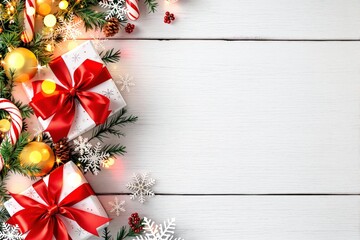 Poster - Christmas gifts with red bows and festive decorations on white wooden background.