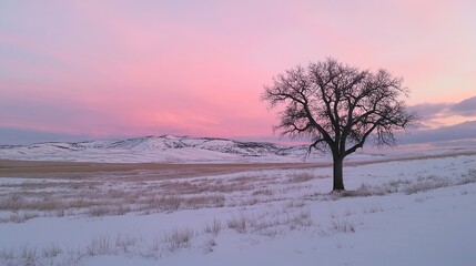 Poster - A lone tree standing in a snow-covered field with a pink sunrise