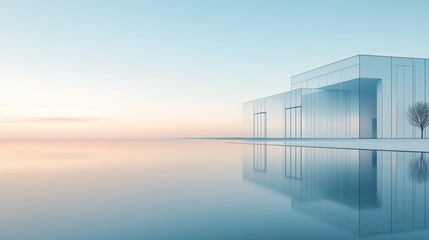 Poster - A minimalist glass building reflecting a soft blue sky.