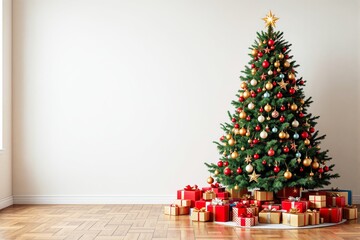 Poster - Beautiful Christmas tree decorated with ornaments and surrounded by gifts.