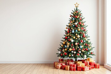 Poster - Beautifully decorated Christmas tree with colorful ornaments and gifts.