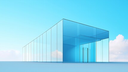 Poster - A minimalist glass building reflecting a soft blue sky.