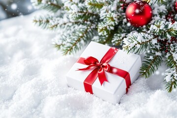 Poster - White gift box with red ribbon on snowy background.