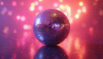 Poster - Shiny disco ball reflects light with pink bokeh background. Mirrored sphere glows with vibrant lights. Perfect for 70s parties, retro events, nightclub dance floor decoration, music festivals, shiny
