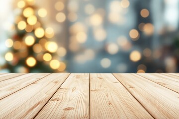 Poster - Wooden table with blurred Christmas lights background.