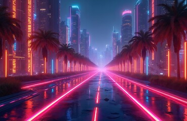 Aufkleber - Vibrant digital landscape at night, neon lights illuminate futuristic buildings road with palm trees. Sci-fi city glows with vibrant colors, modern architecture. Perfect wallpaper for cyberpunk,