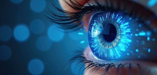 Fototapete - Macro shot of human eye with digital interface overlay, futuristic cyber vision. Biometric identification, retinal scan tech. Concept of surveillance, big data, data privacy, online security, digital