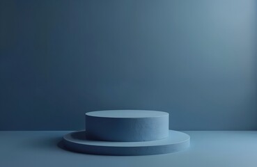 Poster - Blue cylindrical pedestal against blue background. Minimal simple scene with round platform for product display, showcase presentation. Clean modern abstract design, trendy textured colors. Empty