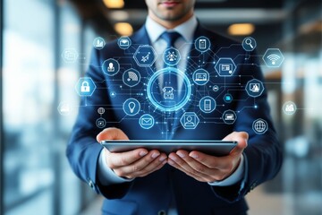 Poster - Businessman holding tablet with digital icons on blue background.