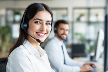 Aufkleber - Call center agents working in office environment.