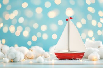 Aufkleber - Sailboat with cotton clouds and fairy lights on blue bokeh background.