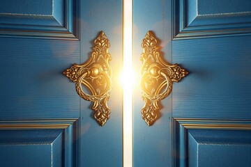 Aufkleber - Ornate golden door handles on blue wooden doors.