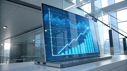 Aufkleber - Business Data Visualization: A modern laptop displays dynamic financial data charts and graphs, symbolizing growth and market trends in a clean, contemporary setting.