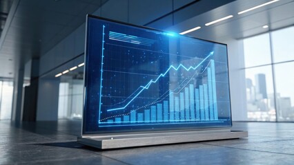 Poster - Market Momentum: Digital display showcasing an upward trend in market growth, with vibrant lines and bar graphs, against a modern business setting.