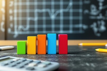 Poster - Colorful blocks representing a bar graph on a chalkboard background, with a calculator and pencils nearby.