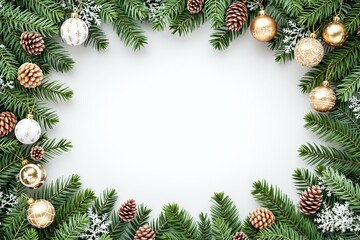 Aufkleber - Christmas-themed background with pine branches, pine cones, and ornaments on white space.