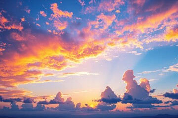 Poster - Colorful sunset with vibrant clouds and sunlight rays.