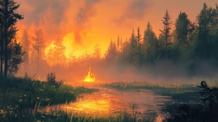 Wall Mural - a serene sunset over mountains with a campfire in the foreground.