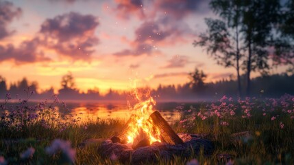 Wall Mural - a serene sunset over mountains with a campfire in the foreground.