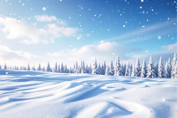 Poster - Snow-covered landscape with pine trees and blue sky.