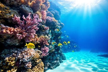 Aufkleber - Vibrant coral reef with colorful fish and sunlight rays underwater.