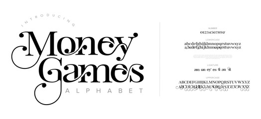 Poster - Moneygames Elegant Font Uppercase Lowercase And Number. Classic Lettering Minimal Fashion Designs. Typography modern serif fonts regular decorative vintage concept. vector illustration