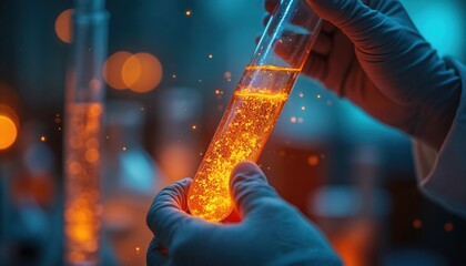Poster - Hands in gloves hold glowing liquid in test tube. Science experiment in lab. Scientific research, chemistry, discovery. Biotechnology, medicals. Molecular analysis in modern development. Chemical