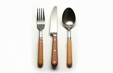 Spoon, fork and knife with wooden handles on white background. Silver cutlery close-up. Dining utensils for food preparation, cooking, eating, table setting, kitchen design. Restaurant tableware.