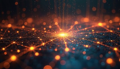 Fototapete - Abstract tech background quantum computing system with cyber network grid, connected particles. Artificial neurons, global data connections create virtual cyberspace with light glow energy in motion.