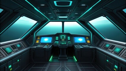 Poster - an futuristic spaceship cockpit with advanced technology interface with digital screens and glowing lights