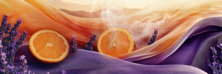 Poster - Vibrant sensory experience with aromatic coffee steam, citrus slices, and soft silk textures in nature inspired harmony Generative AI