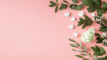 Poster - Gentle and Serene Pink Background with Scattered Hearts and Fresh Greenery for a Calm Aesthetic