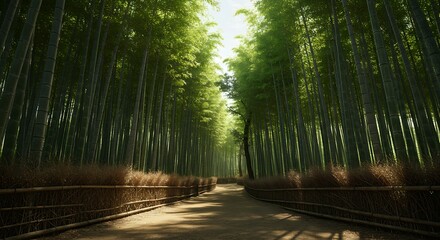  Walking Path Through Tranquil Bamboo Forest with Sunlight Filtering Through
