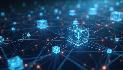 Fototapete - Illustration of innovative blockchain consortium for secure transactions. Blue digital tech abstract background with network design, datum computer business in futuristic cyberspace, information web.