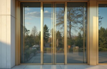 Aufkleber - Golden frame on glass door of a hotel or office building outdoors. Blank poster with mock-up space for brand name, logo, logotype or other design elements. Building entrance.