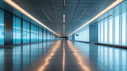Aufkleber - A modern, empty airport hallway with symmetrical lighting
