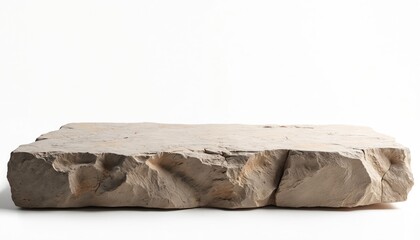 Poster - Stone podium on white transparency background for product display. Rough rock platform, natural material, minimalist stand, stage for cosmetic showcase. Geology design element, banner template.