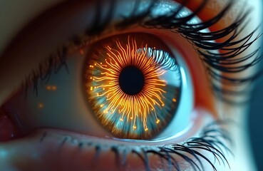 Poster - Close-up of human eye with glowing circuitry in iris tech elements. Cybernetic concept of digital futuristic artificial intelligence, bionic enhancement, robotic integration, scanning augmentation.