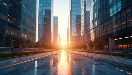 Poster - Modern skyscrapers in futuristic financial district during sunset with reflections. Blue business background with sun rays, light for corporate, finance companies. Buildings architecture with