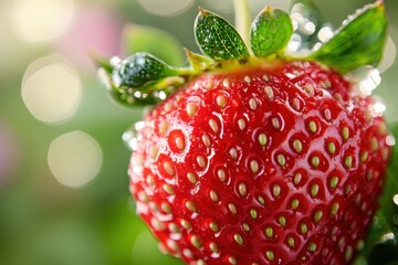 Poster - Freshly picked ripe strawberry glistening with morning dew in a vibrant garden setting