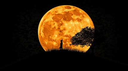 Aufkleber - A silhouette of a wolf howling at a bright full moon
