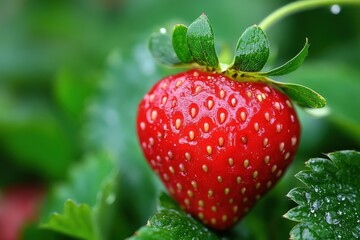 Poster - Juicy red strawberry glistening in morning dew surrounded by lush green leaves in a sunlit garden