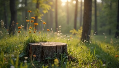 Poster - Tree stump with orange flowers in summer forest. Brown timber bark ground covered by green moss. Old natural wood in landscape, park. Beautiful nature, outdoor environment. Tranquil forest scenery.