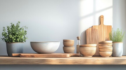 Poster - A beautiful collection of kitchen utensils, featuring a smooth bowl and stacked wooden bowls, harmonizes with potted herbs on a sunlit shelf. Warm, inviting textures enhance the culinary atmosphere