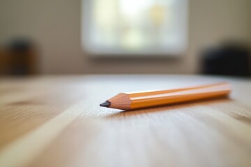 Fototapete - Vibrant orange pencil rests on natural wooden surface in softly lit indoor environment