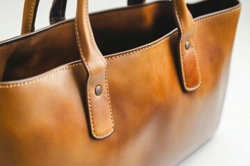 Poster - Stylish brown leather tote bag showcasing detailed craftsmanship and rich texture in bright lighting